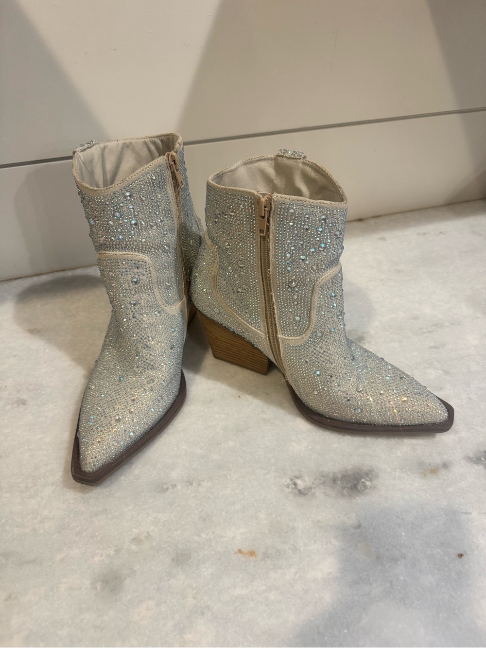 Embellished Ivory Ankle Boots with Side Zip